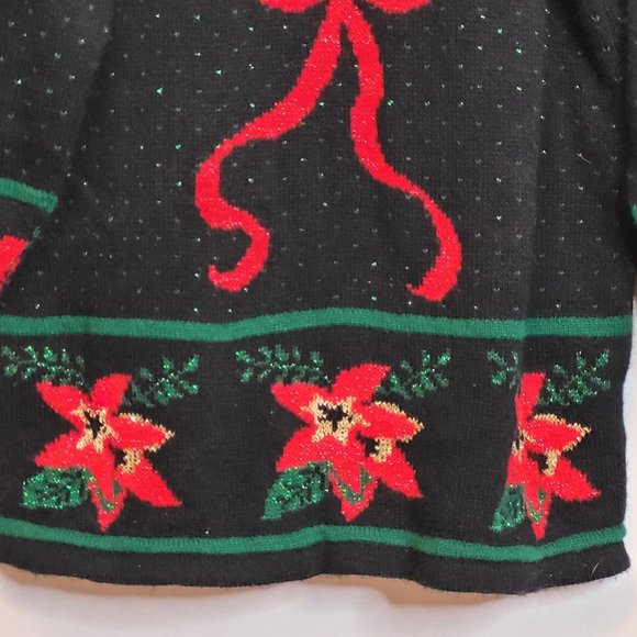 Vintage Christmas Sweater Poinsettia Black Red Dana Scott Acrylic Size Medium - Picture 4 of 15